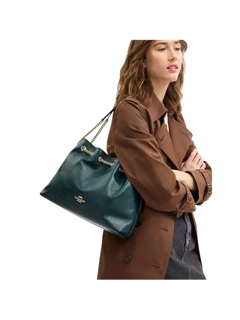 Coach Evelyn Dark Teal Leather Shoulder Bag with Gold Chain